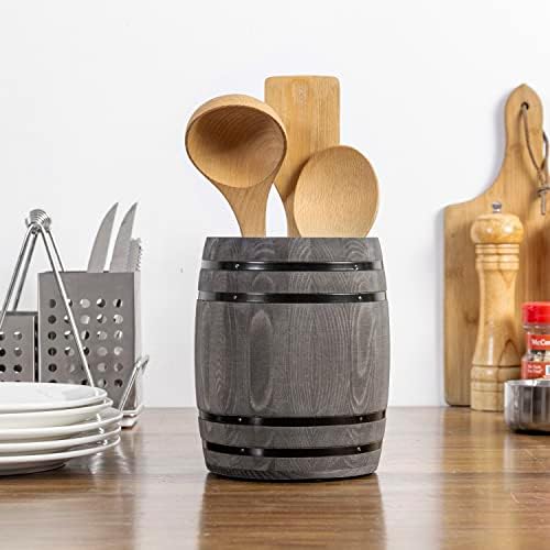 Mygift Wine Barrel Dizajn Kuhinjskog Posuđa Crock-Vintage Stil Tamno Sive Drvo Držač Alata Za