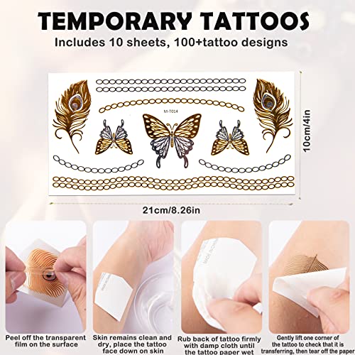 10 listova 100+ dizajna zlatne privremene tetovaže za žene djevojke odrasli, metalno svjetlo od sjaja