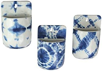 Stvari2Die4 Set od 3 plavog i bijelog Shibori stil bojilastim keramičkim zidnim džepom Hanging