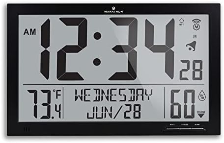 Marathon Slim Jumbo Atomski zidni sat, crni - veliki 15-inčni cijeli kalendar, am / pm ili 24-satni format