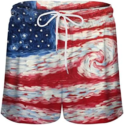 RUIRUILICO starinske kratke hlače s vezicama za žene američka zastava 4. jula 3D printovi elastični struk