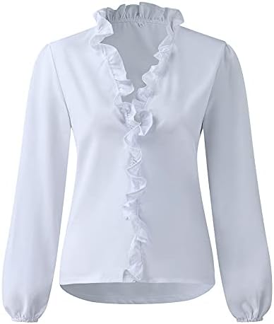 Žene Elegantni vrhovi Ruckel V izrez fenjer dugih rukava majice Majice Solidne modne bluze 2023