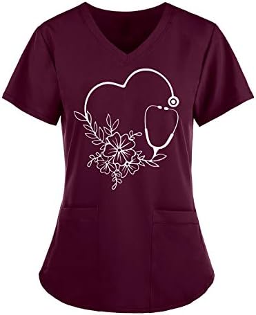 Scrub_Tops za žene plus Size grafički Print T Shirt V izrez kratke rukave bluze radna odjeća sa džepovima