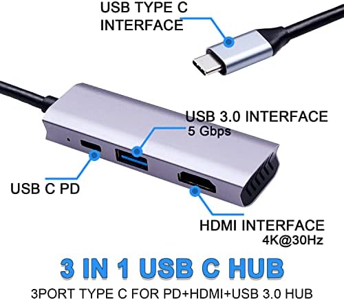 SWEETECH 3 u 1 USB C hub, 3port Tip C za PD+HDMI+USB 3.0 HUB,4K HDMI,USB 3.0 portovi za prenos podataka,za