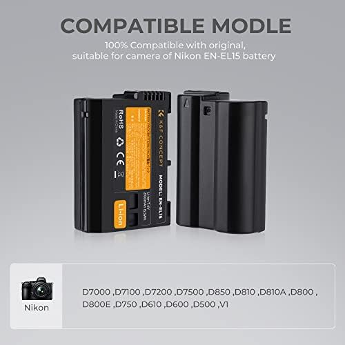 K & F Concept EN-EL15 EN-EL15A EN-EL15B 2 Pakovanje baterija i punjač za Nikon D750, D7200,
