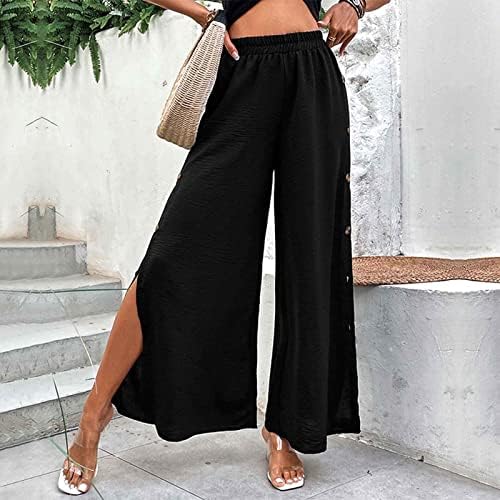 FEHLGD Ljetne casual pantalone za žene elastični visoki struk gumb Solid boja labave udobne rastezanje širokih