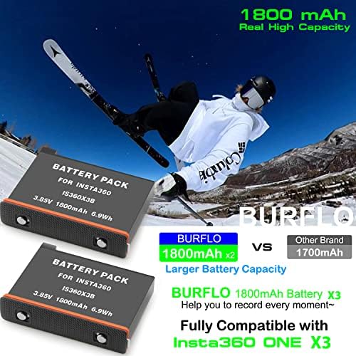 Burflo 1800mAh Zamijenite za INSA360 One X3 punjivu bateriju i 3-kanalni USB brzi punjač kompatibilan