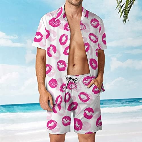 Ružičaste usne Kiss-Leopard Print Muškarci 2pcs Havajski set Dugme-Down Loose FIT TEE majice Plaža