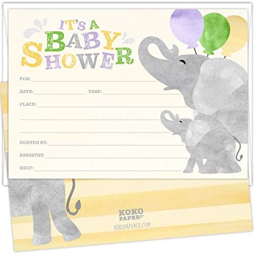 Koko papir Co Joyful Elephant bebe Pozivi za tuširanje. Set od 25 karata za popunjavanje stila i