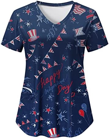 4. jula majice za žene američka zastava ljetni kratki rukavi V izrez Tees sa 2 džepa bluze praznična Ležerna