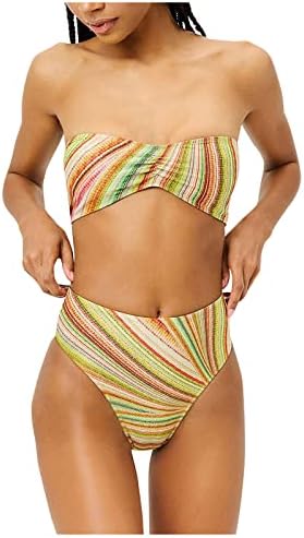 Knosfe Ženski 2-Dijelni Bikini Setovi Kupaćih Kostima Visokog Kroja U Boji S Prugama Na Plaži