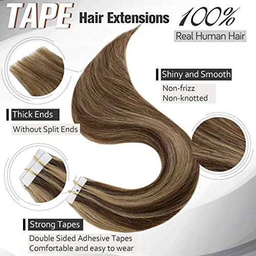 Hetto Highlight Brown Tape in Hair Extensions Real Human Hair tamno smeđa istaknuta medena plava 4/27