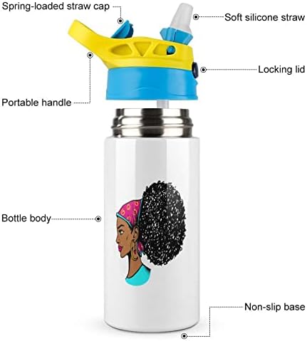 Afrička američka crna ženska izolacijska boca sa vodom sa izoliranim od nehrđajućim čeličnim čeličnim čeličnim