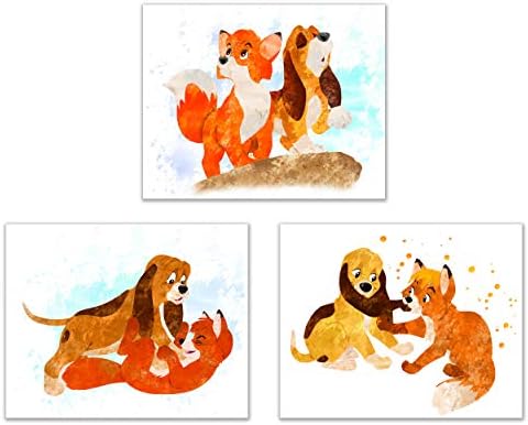 Fox and The Hound-Set od 3 štampe postera - slatke akvarelne fotografije