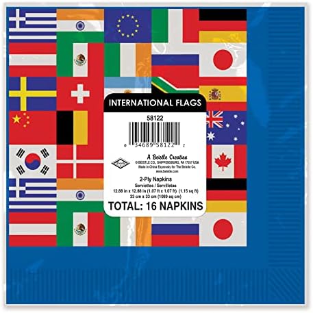 Beistle 16 komada papir za jednokratnu upotrebu Međunarodni svjetski zastava za ručak salvete salvete Theme Theme Party Tabela, 6,5 x 6,5, višebojni