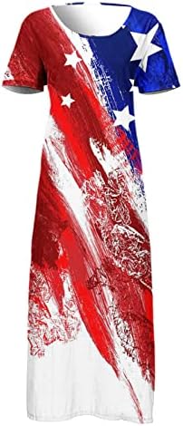 4. jula haljina za žene Casual ljetna Boho Maxi haljina SAD Zastava kratki rukav Scoop vrat zvijezde