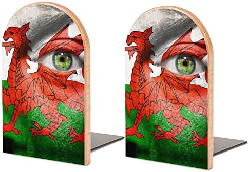 Wales zastava na licu sa zelenim okom Drvo Bookends teške držače knjiga za police dekorativne knjige