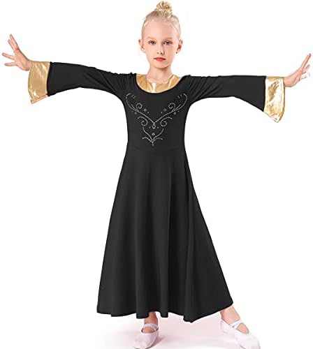 MyRisam Kids Girls Hvalice plesni ogrtač Liturgijska boja Block Bell rukava Rhinestone haljina