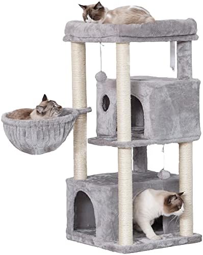 Hej-brat 43.3 inčni Cat Tree Condo paket sa 41.3 inčnim srednjim tornjem za mačke sa daskom za grebanje, 2 luksuzna stana, mačji toranj sa podstavljenim plišanim Smuđom i udobnom korpom