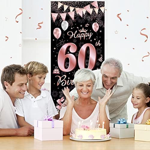 Baner za 60. rođendan, dekoracija za zabave od ružičastog zlata za 60. rođendan i baner za vrata za žene,