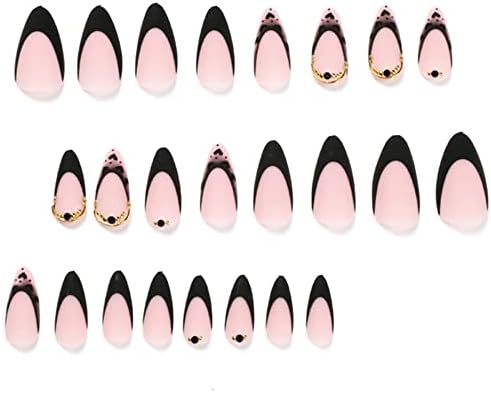 Black Heart Almond Press na noktima srednje dužine crno srce Francuski Tip dizajn umjetni Full Cove akril lažni nokti za žene Festivali nokti dekoracije（24kom）