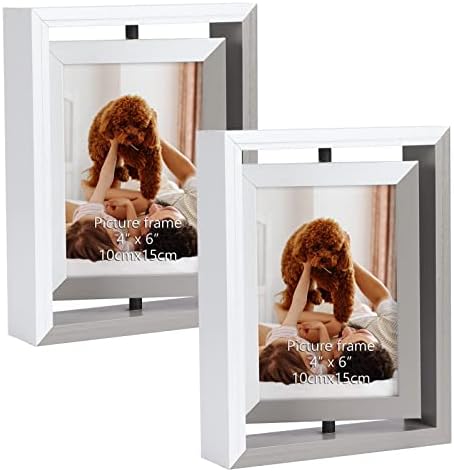 EXYGLO 2 Pack 4x6 okviri za slike, kontrast boja rotirajući okvir za fotografije drveni 2-bočni okviri za vertikalni ili horizontalni stolni ekran, Bijela+Siva