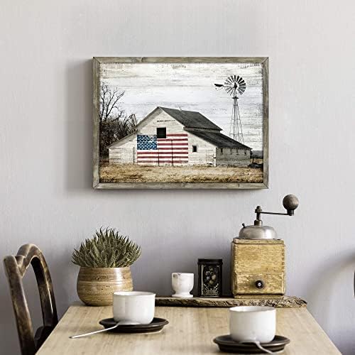 Drvena slika Art zidni dekor: Rustikalna stara štala Artwork američka zastava slika siva Vjetrenjača