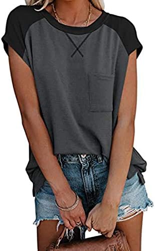 YSLMNOR SPLICINSKI vrhovi za ženske džepove Okrugli vratni bluze kratki rukav ljetni majica Ležerni pulover