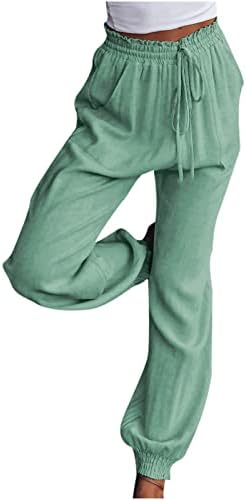 Ženske pamučne posteljine za hlače za crtanje elastičnih struka bočni džepovi visokog ležernih kafe