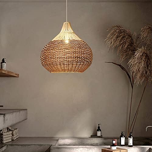 LBSWYH Farmhouse Okrugla stropna svjetiljka za vješanje fenjera, ručno tkani pleteni rattan viseći svjetlosni