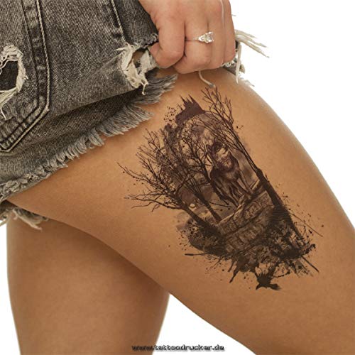 1 x vuk u šumi-Crna XL tetovaža - dvorac Mjesečeve šume - privremena lažna tetovaža tijela-TH359