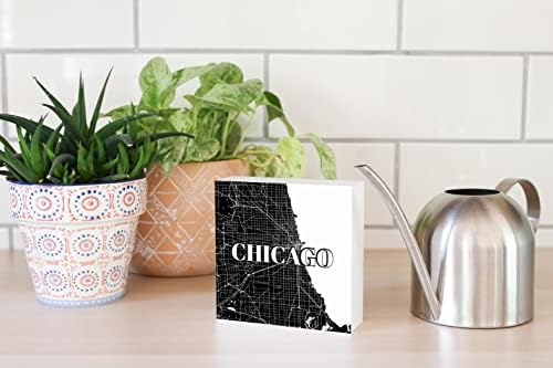 Minimalistički mapa za B & W Illinois Chicaga, Joyride Domaći dekor, Znak drveta, 5 X5 Prikazani, polica ili