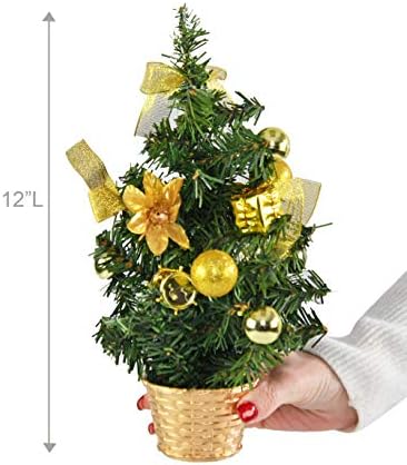 HOME-X Zlatna stolna božićna stablo sa zlatnim lukovima i ukrasima, slatkim prazničnim dekorom, umjetni
