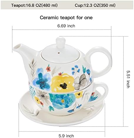 Chinicuke Porcelan čaj za jedan, ručno oslikani akvarelni cvjetni čajnik i set čaša, cvjetaju