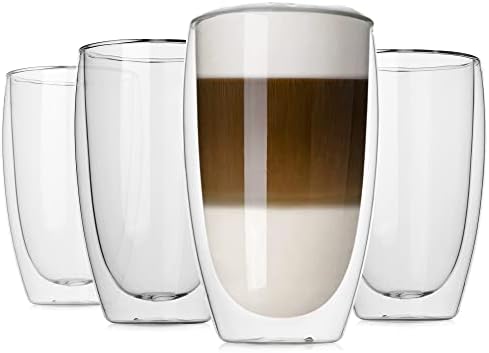 LUXU 16 oz kože sa dvostrukim zidom, 4-pakovanje premium šalice kafe, dvostruko zidno izolirane čaše za kavu, čiste borosilikatne staklene krigle, savršene za kapućino, espresso, vrućeg pića i pića i pića.
