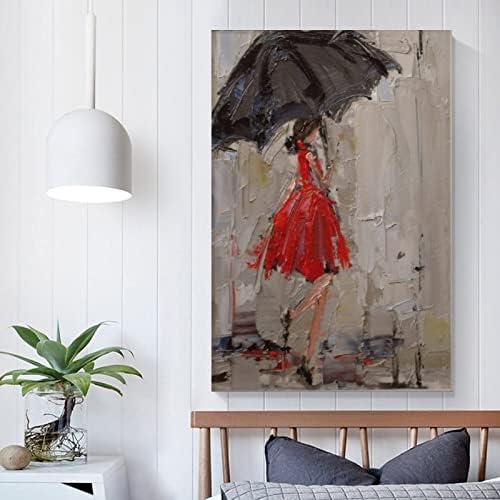 Žena u crvenoj haljini s crnim kišobranom, vintage slikarstvo uljana umjetnička posteri, soba