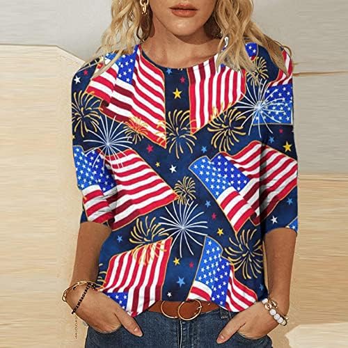 RbCulf Žene 3/4 Rukavi T-Shirt Stars Stripe Spajanje Print Tunika Top Patriotske Majice Dan
