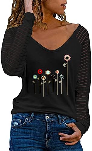 KCJGIKPOK Ženske majice s dugim rukavima, cvjetna mreža za print Splice rukava V izrez grafički tees labavi