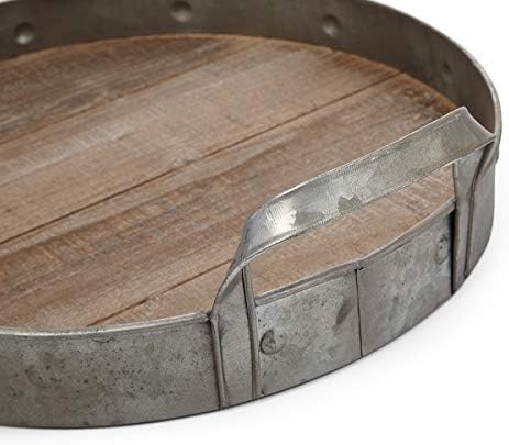 Benjara Benzara BM186575 Metalna i drvena okrugla ukrasna ladica, set od dva, smeđa i siva