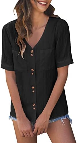 Majice za helanke žene letnji čvrsti kratki puf rukav V vrat sa dugmetom down majice Casual bluza vrhovi sa