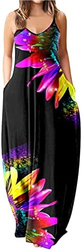 Ležerna haljina za žene Print V izrez Maxi Spaghetti remen Sun Beach Long sa džepovima Haljina Tenis Atletičke