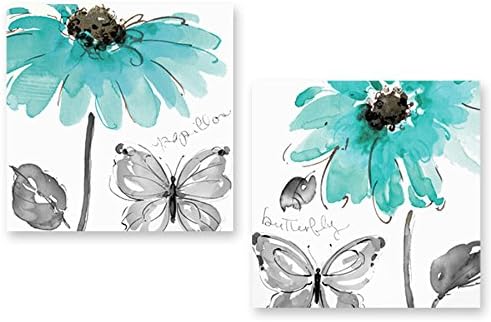 Genius Decor 2 komad Daisy cvijeće i leptir u Aqua siva i bijela zid dekor platno Artwork art Prints