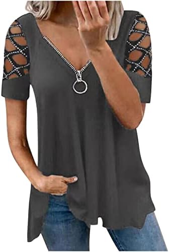 Qcemeni ženski tunički vrhovi plus veličine šuplje rhinestones kratki rukav Zip V izrez majica Ljetna