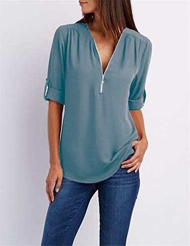 Andongnywell Women-ov šifonske bluze za vrat Zip ljetne bluze povucite rukav labavu šifon košulju sa patentnim