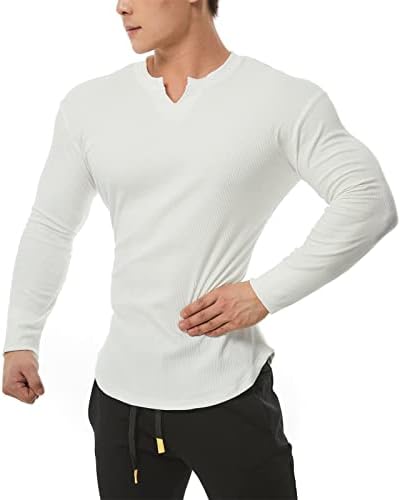 Muške Stretch mišićne majice s dugim rukavima rebraste tees casual slim Fit V izrez pune majice u boji vrhovi