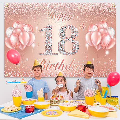 Happy 18th Birthday Banner Backdrop - 18 Birthday Party Dekoracije potrepštine za djevojčice ili dječake-Rose Gold 4 x 14ft