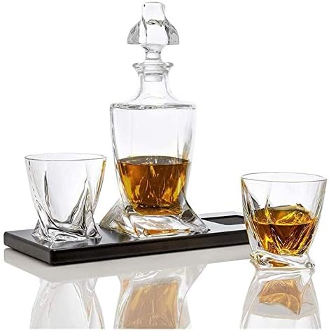 Amdhz set čaša za viski i dekantera za alkohol, staklo ima četvrtasto uvijeno dno, sa 2 kristalne Burbonske čaše
