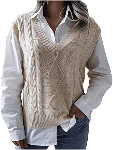 LCZIWO džemper prsluk za žene Trendy V izrez Dukselje bez rukava jesen Provjerite kabl pletiva Čvrsti osnovni ležerni vrhovi rezervoara