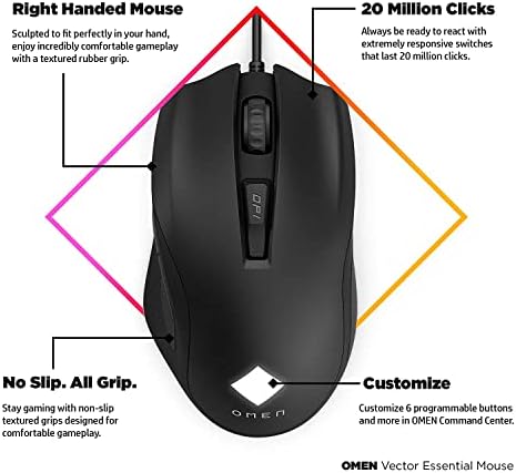 HP Omen Vector Essential Mouse-miš za igre sa prilagodljivim svjetlom, podesivi DPI za reakciju,
