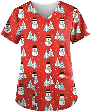 Swrowesi božićna radna uniforma za ženske print s kratkim rukavima V izrez labav piling vrhovi bluza